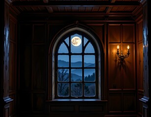 Serene Gothic Room with Moonlit Night View
