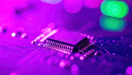Close-up of a purple circuit board with chip