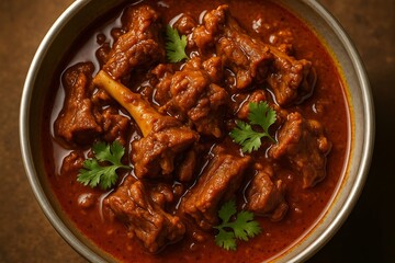 Close up overhead view of a rich and flavorful indian chicken curry dish garnished with fresh cilantro leaves