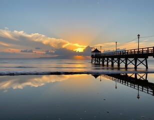 Fototapeta premium Sunset Reflection Over Calm Water with Wooden Pier