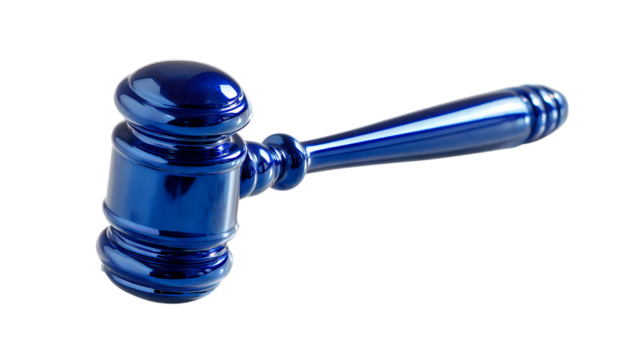 Shiny blue gavel isolated on transparent background
