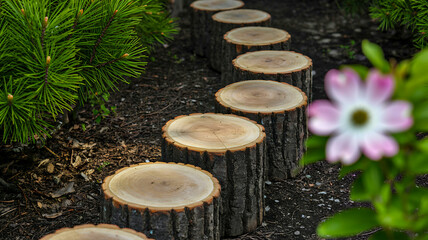 Natural wooden log pathway in garden with green plants and flower