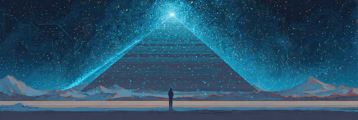 Giant pyramid made of glowing blue digital data lines standing atop icy mountain in space with stars galaxies background and holographic human figure at base creating surreal visualization.