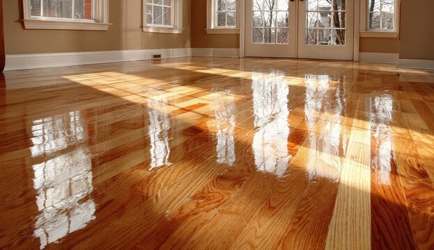 Polished hardwood floors reflecting sunlight through large windows