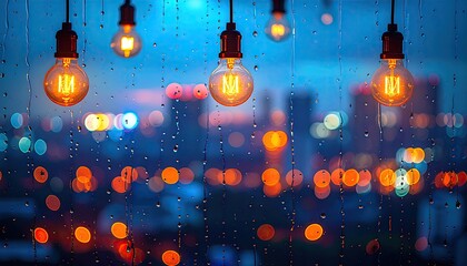 Warm Edison bulbs hang, raining city lights blurred