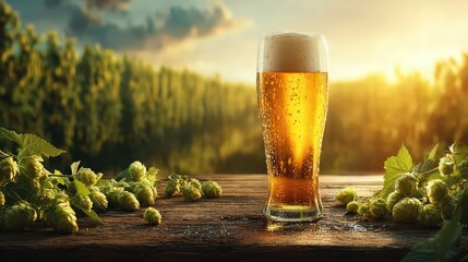 Golden Beer in Glass with Fresh Hops at Sunset