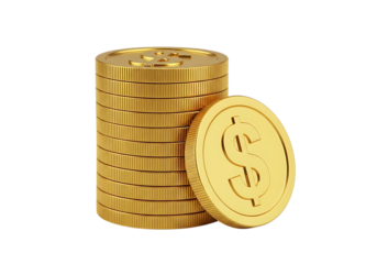 Illustration of a stack of gold coins with a single coin leaning against it, isolated on transparent background on transparent background