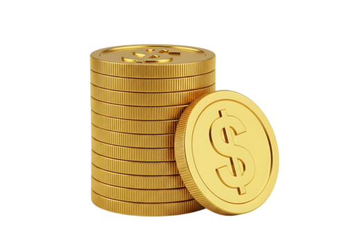 Illustration of a stack of gold coins with a single coin leaning against it, isolated on transparent background on transparent background