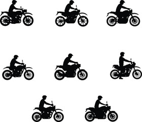 Obraz premium Motorcycle rider silhouette, motorbike posture variations, biker illustration set, motorcycle design collection, rider position icons, transportation graphic, black silhouette artwork