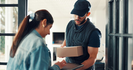 Box, delivery man and woman with tablet at front door for digital signature, supply chain or...