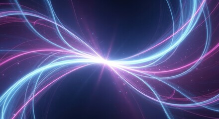 A vibrant, abstract light painting with pink and blue hues, swirling and radiating outwards, set against a dark, starry background.