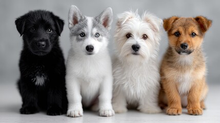 Fototapeta premium Four Adorable Puppies of Diverse Colors Sitting Together Against Gray Background in Studio Lighting with Focus on Details and Varied Fur Textures