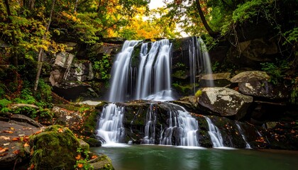 Autumn waterfall cascading over rocks