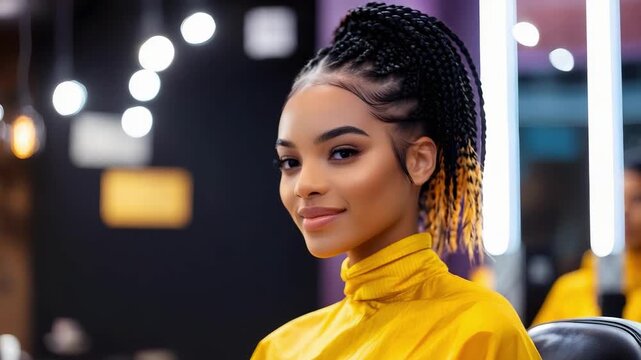 Woman with cornrow braids wearing a bright yellow high-neck top sits in a modern salon, with warm blurred lights in the background.