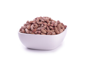 Raw Peanuts in White Bowl - Shandong Province China Small Kernels Healthy Snack Food Isolated on White Background