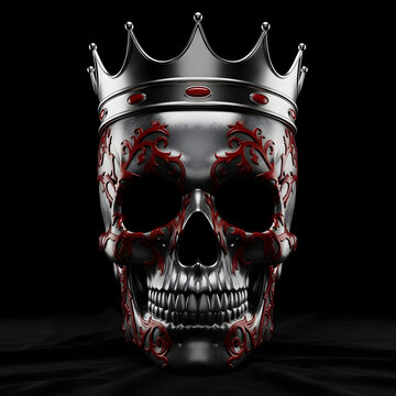An ornate silver skull with intricate red filigree patterns wearing a royal crown on a black background.