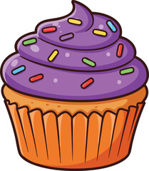 A vibrant cartoon cupcake with swirled purple frosting and colorful rainbow sprinkles in an orange paper liner.