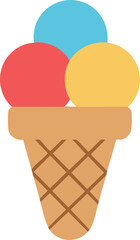 A colorful cartoon illustration of an ice cream cone with three scoops: red, blue, and yellow, on a waffle cone.