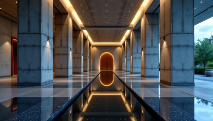 Modern Symmetrical Interior with Reflective Pathway