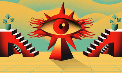 Spiritual Realms, Psychedelic Visions, Surreal Synthwave Poster Art, Retrowave Fantasy Landscape, Grainy Aesthetic, Futuristic Dreamscape Illustration, 80s Inspired Visionary Artwork