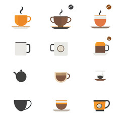 Fototapeta premium Set of twelve flat minimalist coffee and tea cup and pot icons with steam and coffee beans in various colors and styles on white background for beverage concept design