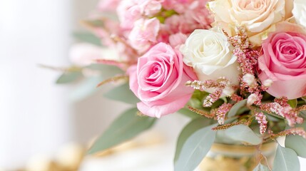 Bouquet of Champagne and Pink Roses in Glass Vase Against a Warm Summer Still Life Background