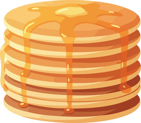 A tall stack of golden pancakes topped with melting butter and dripping maple syrup, ready for breakfast.
