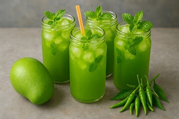 Refreshing green juice with fresh mint and ice cubes served in tall glasses with raw ingredients