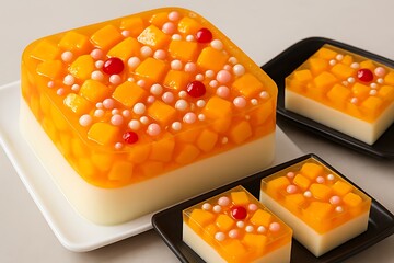 Delicious square fruit jelly cake with mango and berries on a white plate with slices