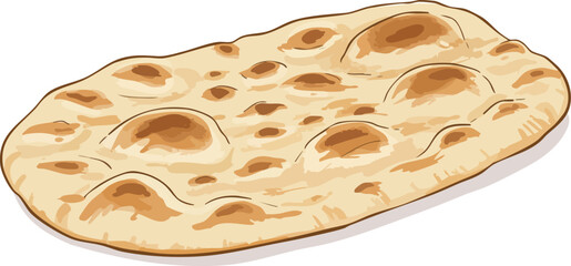 A detailed illustration of a single piece of freshly baked naan flatbread on a white background.