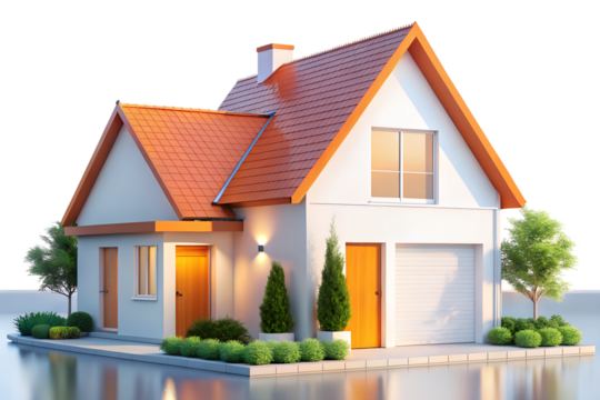 Charming White House with Orange Roof and Garden on transparent background