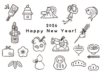 午年/お正月の縁起物のかわいい手描き線画セット