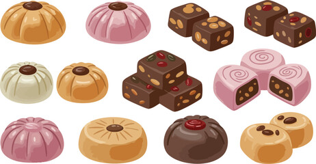 A delightful assortment of assorted candies and chocolates, showcasing a variety of shapes, colors, and textures.