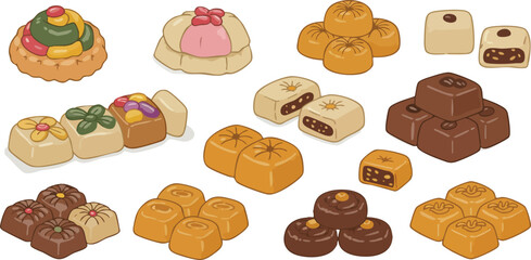 An assortment of traditional Asian sweets and pastries, featuring various shapes, colors, and fillings in an illustrative style.