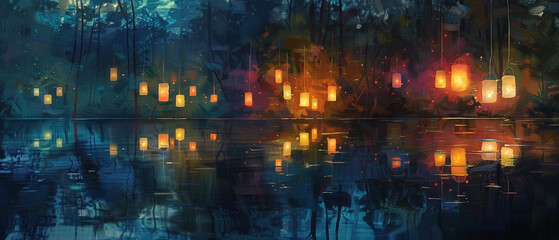 Obraz premium Serene reflection: Luminous lanterns illuminate calm waters at twilight