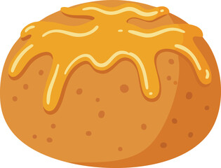 A close-up illustration of a golden-brown bun topped with a thick, glossy, bright orange glaze.