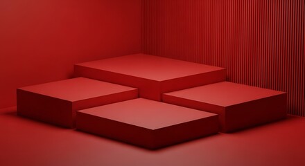 Four square red platforms arranged in a corner, creating a bold and vibrant display area with textured vertical wall in the background