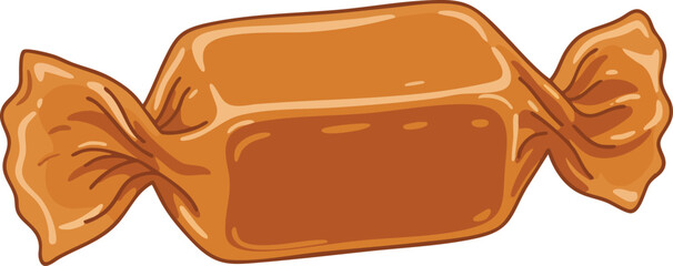 A caramel candy wrapped in a paper wrapper.