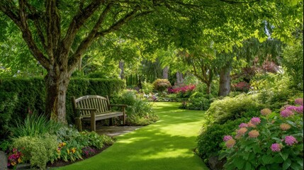 Fototapeta premium Beautiful garden with flowers and trees
