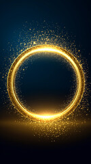 Abstract glowing golden ring with particles on dark background. 

