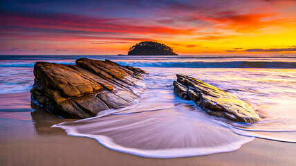 Beautiful coastal sunset with rocky shore and island view