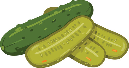 A whole pickle and two pickle slices.