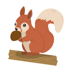 Adorable vector illustration of a squirrel holding a mushroom while standing on a log. Perfect for wildlife lovers and nature-themed designs, showcasing the charm of squirrels.