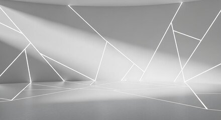 Abstract geometric white room with glowing lines and dramatic light beams casting shadows on the floor