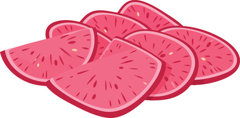 Close-up of vibrant pink radish slices.
