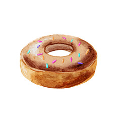 Watercolor-style illustration of a chocolate-glazed donut with colorful sprinkles on topSoft textured artwork, perfect for food design projects, café menus, posters, or digital 
