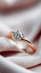 Obraz premium Elegant diamond engagement ring with rose gold band on pink fabric background. 