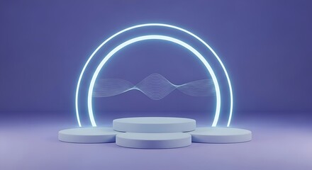 Futuristic stage with multiple light blue podiums and a glowing neon circle in a purple room
