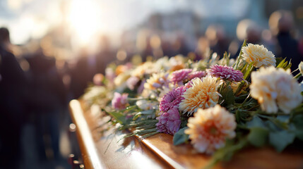 Coffin with funeral flowers surrounded by mourners in soft focus.  
