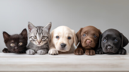 Obraz premium Row of adorable puppies and kittens lying side by side on wooden floor. 
